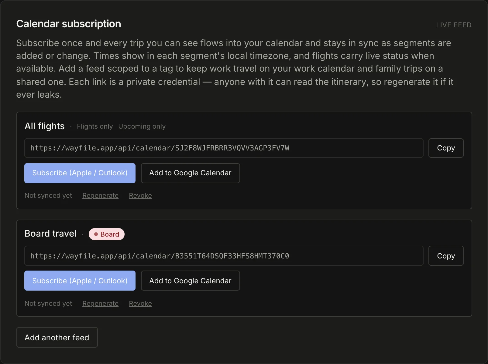 Wayfile's calendar subscription settings: a live feed URL with options to scope a feed to a tag, to flights only, or to upcoming trips only.