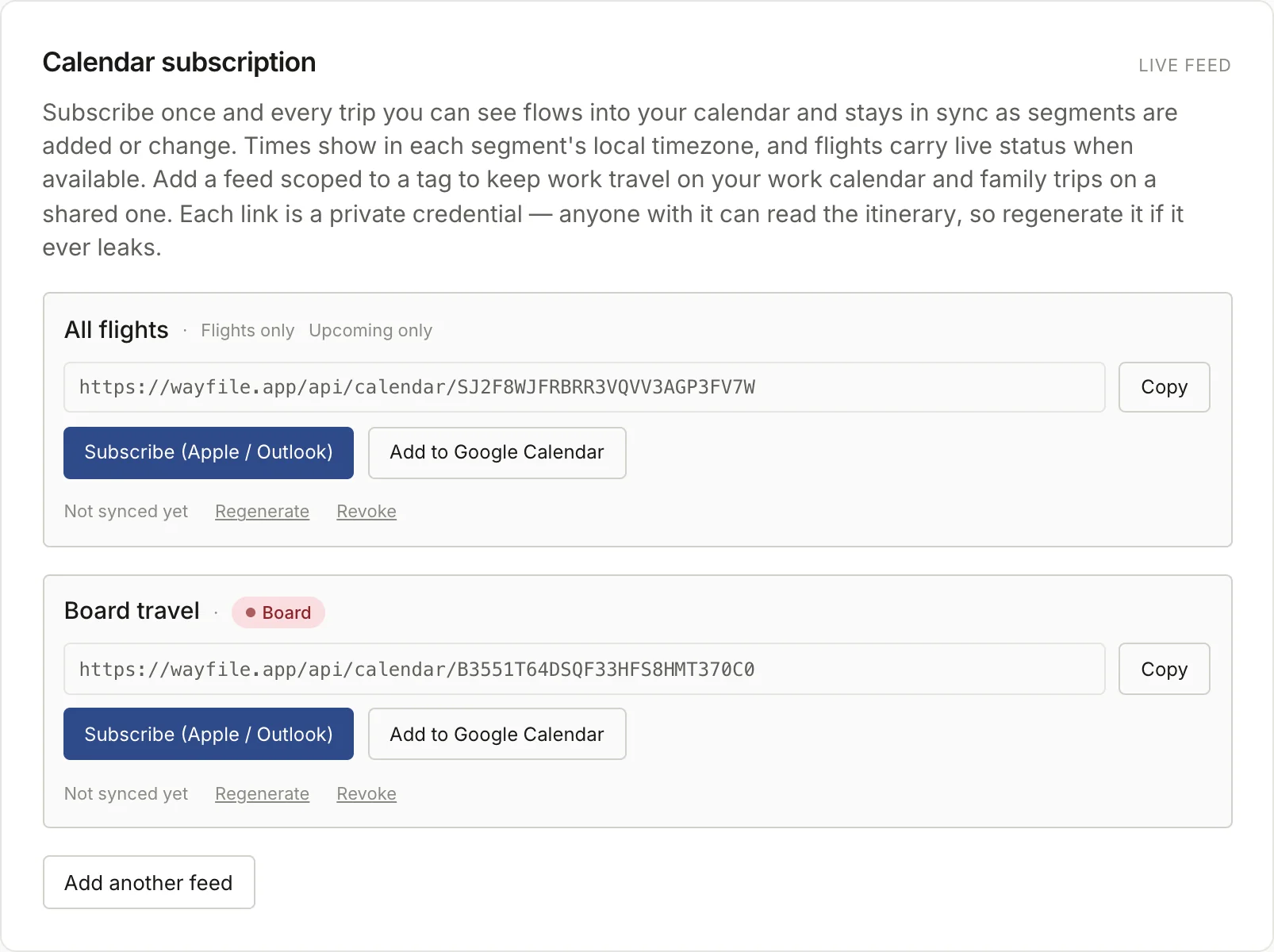 Wayfile's calendar subscription settings: a live feed URL with options to scope a feed to a tag, to flights only, or to upcoming trips only.