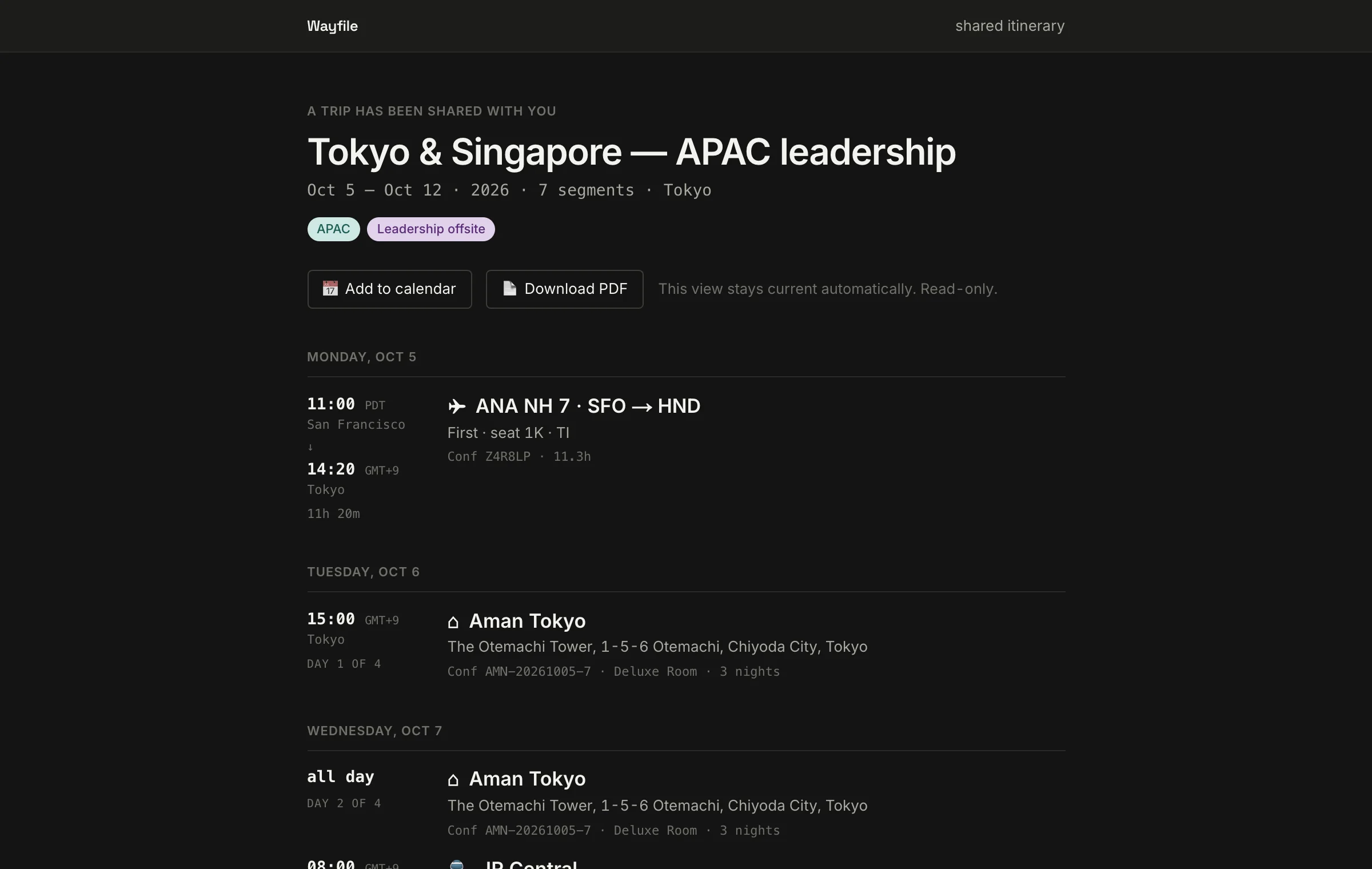 A public Wayfile share link: a read-only itinerary with Add to calendar and Download PDF buttons, no sign-in required.