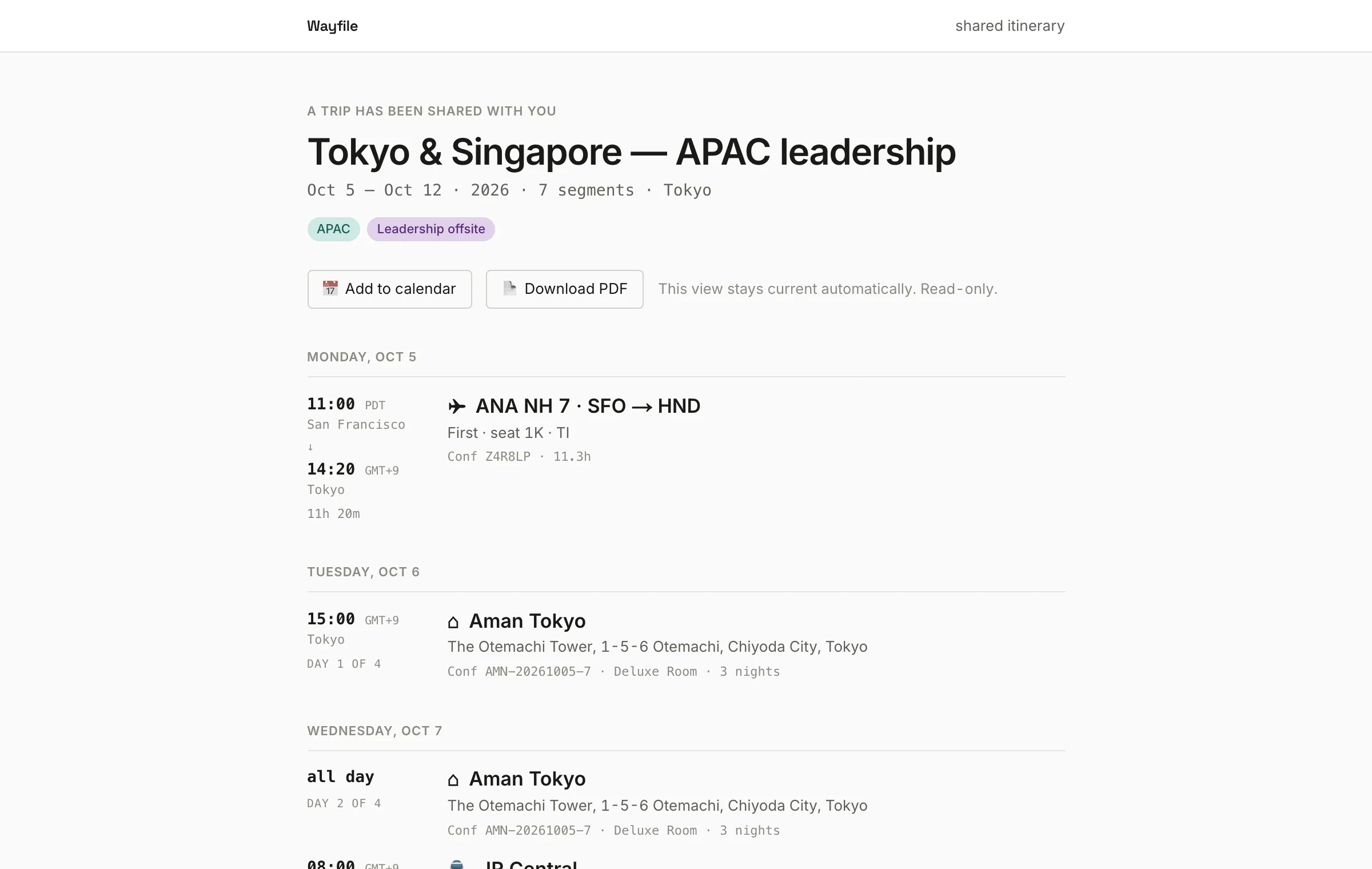 A public Wayfile share link: a read-only itinerary with Add to calendar and Download PDF buttons, no sign-in required.